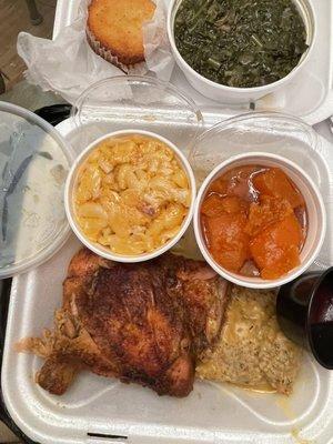 Baked Chicken & Dressing, Yams, Mac & Cheese, Greens & Corn Muffin. The food is quite good. It hit the spot for ne