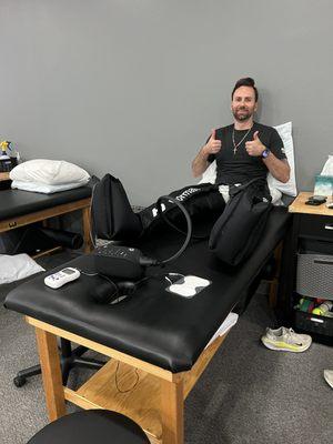 Post rehab recovery with Normatec vasopneumatic compression boots.