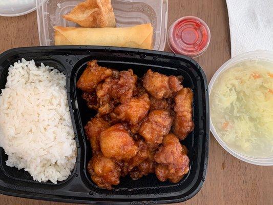 L14. Orange Chicken Lunch Special  Soup and spring roll included good deal