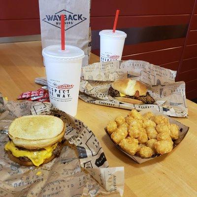 Cheesy Burger, Bacon Cheese Chicken Sandwich, and Tater tots!