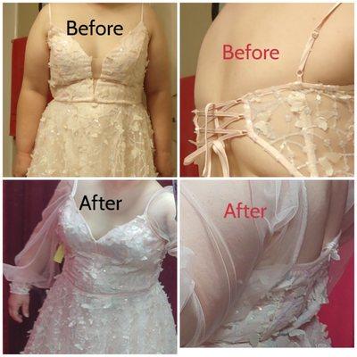 The befores and afters of my dress I had them alter.