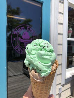 Mint chocolate chip and brownie batter ice cream in a waffle cone