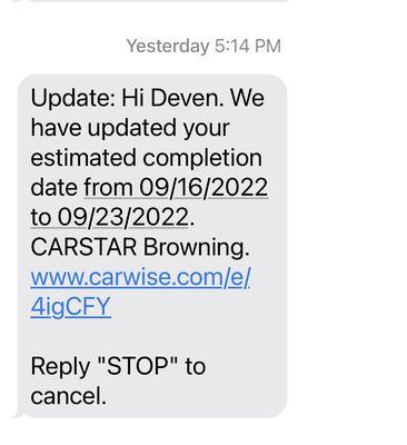 Fourth Text message from Carstar Browning.