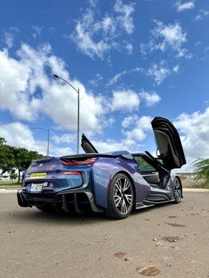 After, Rear 3/4 view of 2019 BMW i8 Roadster