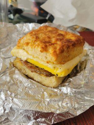 Sausage egg and cheese on a biscuit