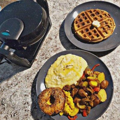 Full Breafast Waffle Cheezy Grits Steamed Meat n Potatoes w Onions seasoned Just Eggs