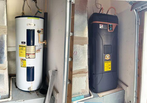 A customer's water heater before and after we installed an Essency 55 gallon on-demand water heater