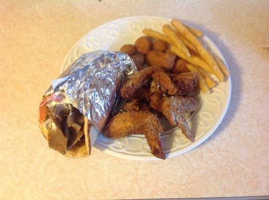 Gyro, wings, okra and fries