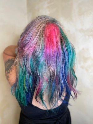 Multi-colored unicorn hair; color and cut by stylist Geneva