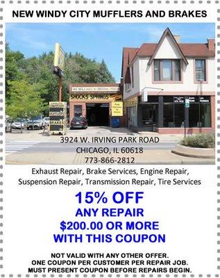 15% OFF any repair $200.00 or more with this coupon.