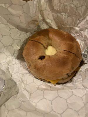 Egg and cheese on a cinnamon bagel.. egg didn't taste very fresh, possibly microwaved.