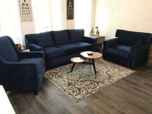 One of our favorites. Playpen sofa and chair with highback chair in Modern Velvet Navy