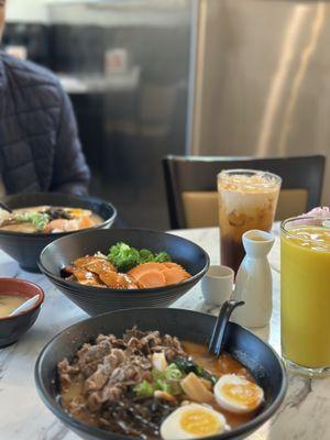 Miso Spicy Ramen, Mango Smoothie, Thai Tea, Salmon Teriyaki, House Special Ramen