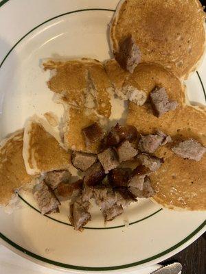 Kids pancake and sausage- cut up by mom of course.