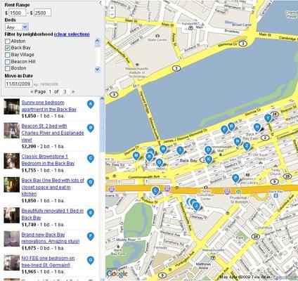 Website screenshot: search Boston apartments on interactive map at http://bostonapartments.charlesgaterealty.com