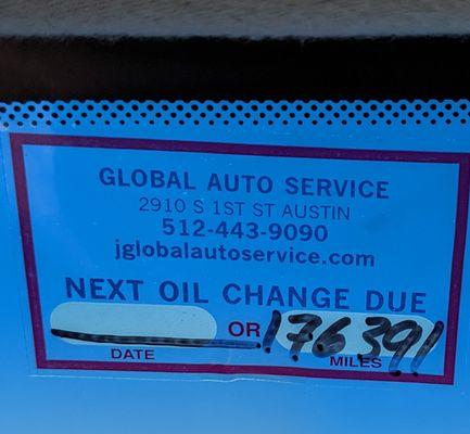 Global blatantly added a "return for service reminder" after Oil was NOT CHANGED. Daughter was charged $75 that day.  See 3 other photos.