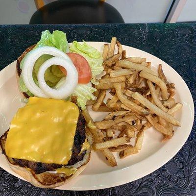 Double meat cheeseburger with fries