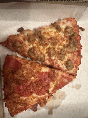 2 slice and a pop: Sausage Pizza, Pepperoni Pizza