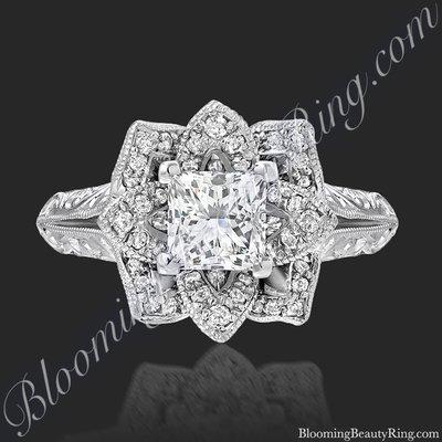 Hand Engraved Lotus Flower Style Unique Wedding Ring With A 1 carat Princess Cut Diamond From The Master Jewelers At BloomingBeautyRing.com