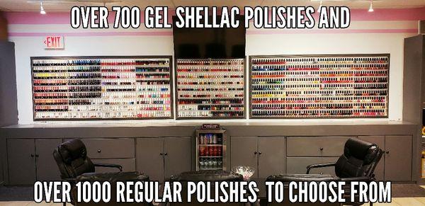 Over 700 Gel Shellac polishes and Over 1000 regular polishes. 
Color galore!!!