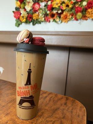 Thai milk coffee with raspberry & chocolate coconut macarons