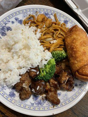 Rice, General tso chicken, lo mein and pork egg roll