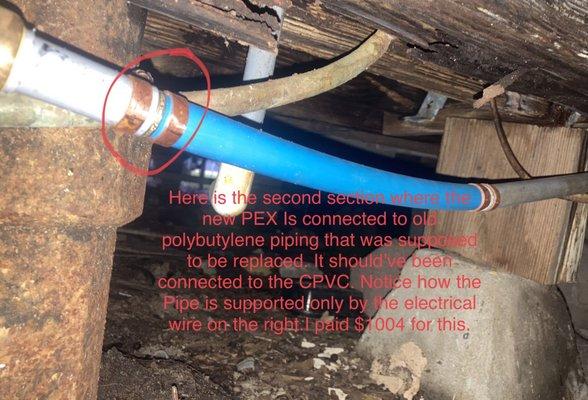 Here shows how they supported the pipe with electrical wire. This could've started a fire!