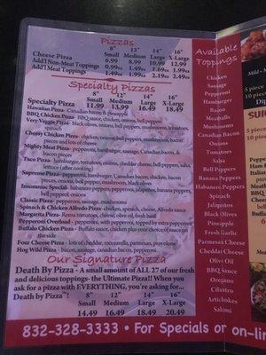 Pizza Menu