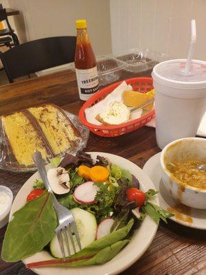 Lunch (side salad, cup shrimp etouffee, fresh bread n butter, yellow chocolate cake)