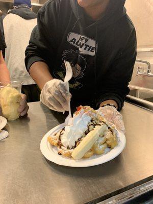 Banana split funnel cake