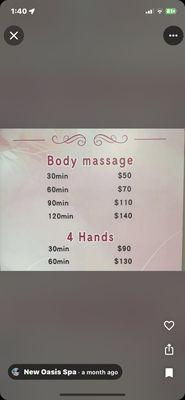 1 Hour massage$70 - 30 minute massage $50