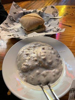 Breakfast sandwich and biscuits and gravy