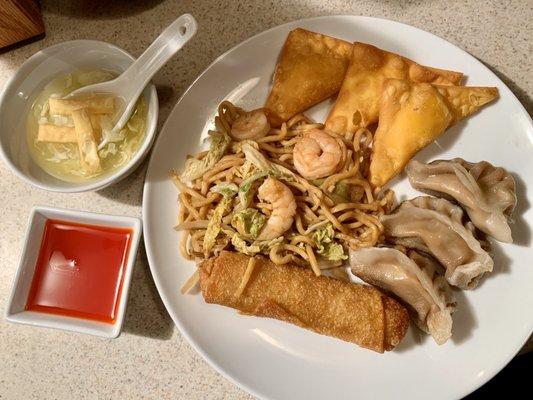 Egg drop soup , Shrimp LoMein , Crab Rangoon, Fried Dumplings , & an Eggroll.