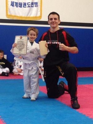 Xavior got his white belt thanks to the awesome instructors and hard work. Love this place.