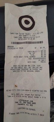 Receipt including time and date of product.