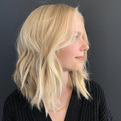 Textured long bob with balayage highlights by Joshua Rossignol