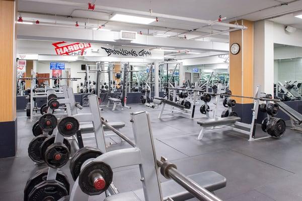 Large Park Slope weight room gym floor with ample strength training equipment, dumbbells, free weights, machines, functional training & more