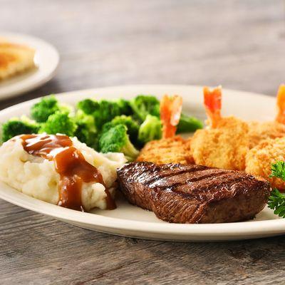 Steak & Fried Shrimp - 6 oz. classic top sirloin charbroiled to your liking, served with golden fried shrimp.