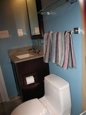 Toto water saving toilet & new vanity and recycled glass countertop - Eco by Cosentino -- from Amicus