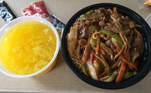 Spicy shredded beef with egg drop soup lunch combo