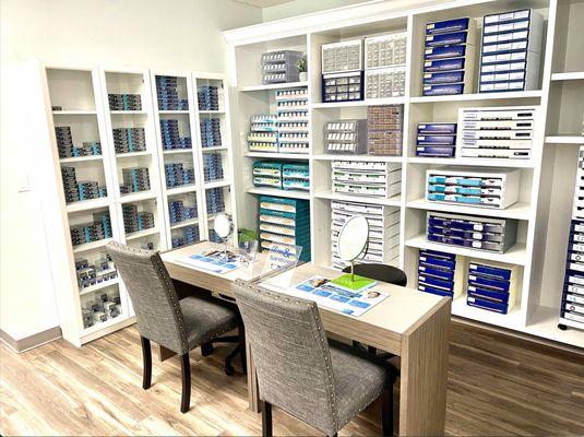 Contact lens room with many contacts in stock.