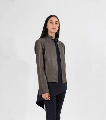 Grimaldi leather jacket and out organic cotton and hemp Trapezoid tunic.