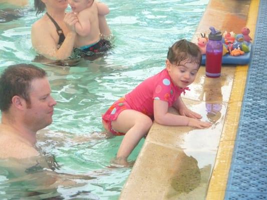 Good job! Elbow, Elbow, Knee, Knee, learning how to get out of the pool.