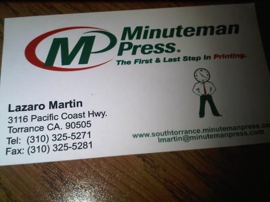 Lazaro's business card. Owner and my contact.