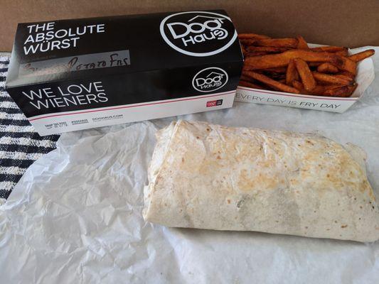 Haus burrito and sweet potato fries.