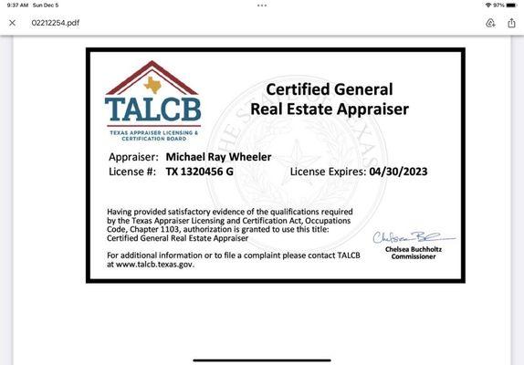 Real estate appraiser license