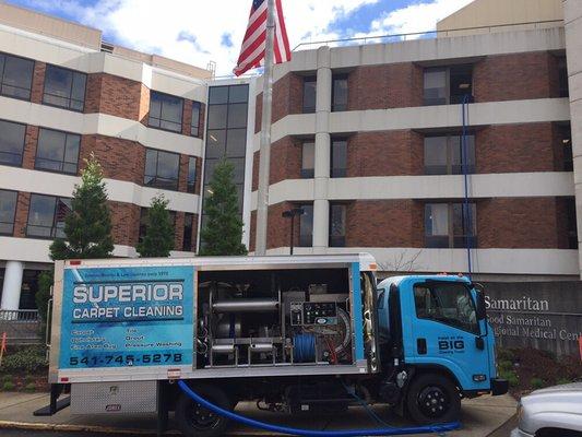 Cleaning the 4th floor of The hospital. Chemical free. Our massive truck produces such hot water it cleans and disinfects w/o chemicals!