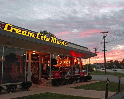 Cream City Music lit up at dusk!