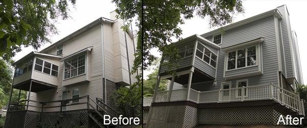 Before and After of total exterior overhaul- new windows, gutters, decking, railing, and siding.