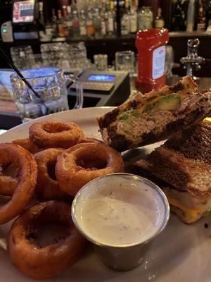 Tuna Melt with onion rings and ranch